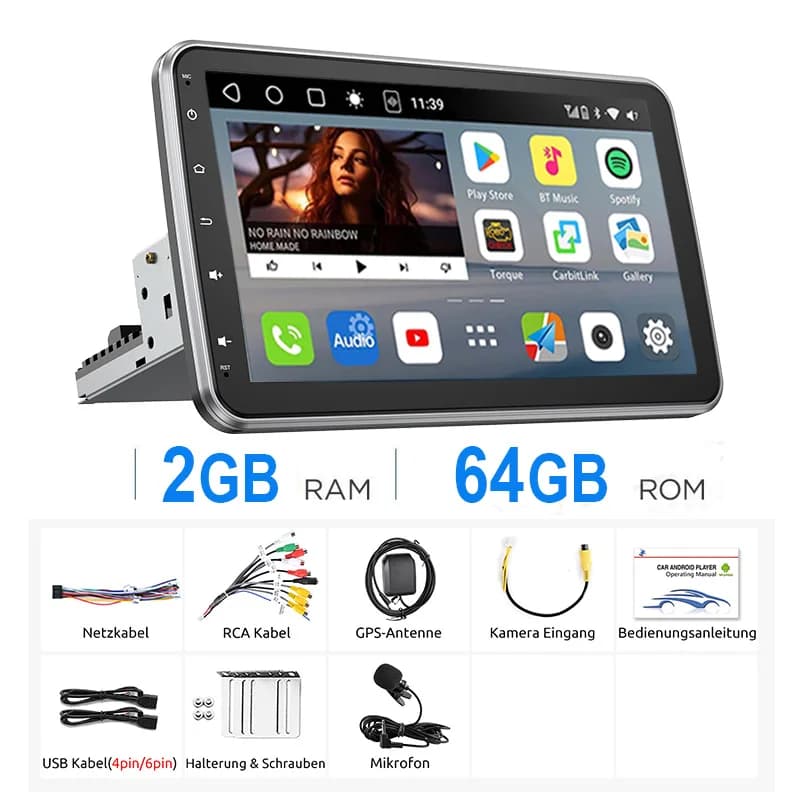 ESSGOO 10.1"Android15 4+64G 360°Rotatable 1 DIN Universal Car Stereo Radio with mic Wireless Carplay Android Auto GPS NAVI RDS FM WIFI Bluetooth Mirror Link steering wheel control TouchScreen Multimedia Video Player