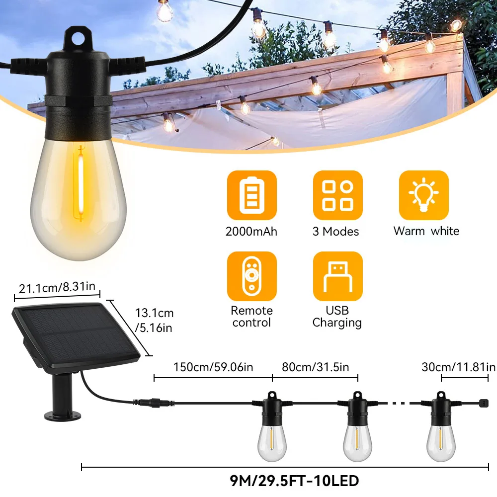 15M Solar Light String S14 Outdoor LED Garland Light E12 Shatterproof Garden Patio Wedding Backyard Decoration IP65 Plastics