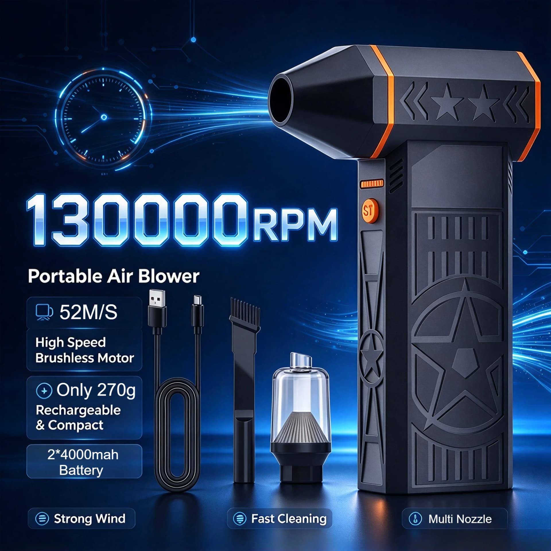 Fiizreal X50 240W Brushless Turbo Fan 57m/s 8000mAh Dual Battery 15W Type-C Magnetic Nozzle