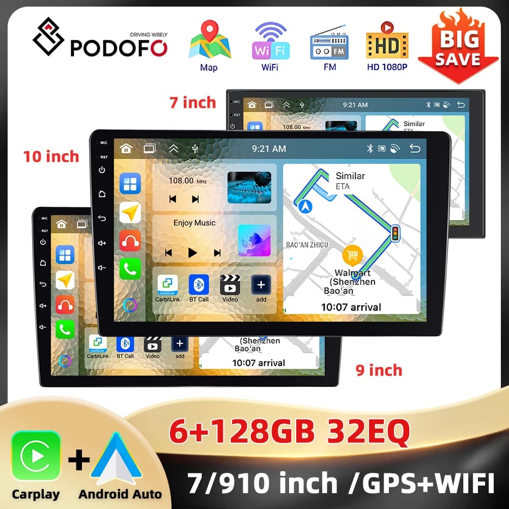 Podofo 7 ''/9''/10.1 ''Car Radio 6 + 128G 4Core Multimedia Player WIFI GPS Navigation Carplay Android Car DSP EQ FM/RDS Car Stereo