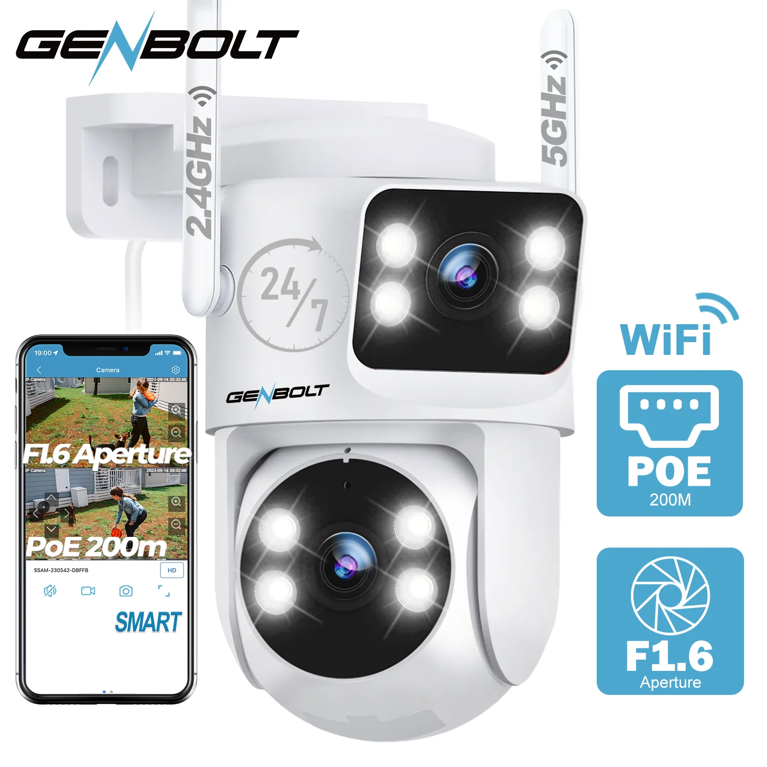 GENBOLT PTZ WiFi Security Camera Outdoor, CCTV Camera with Dual View, Lens Home Surveillance IP Camera with Color Night