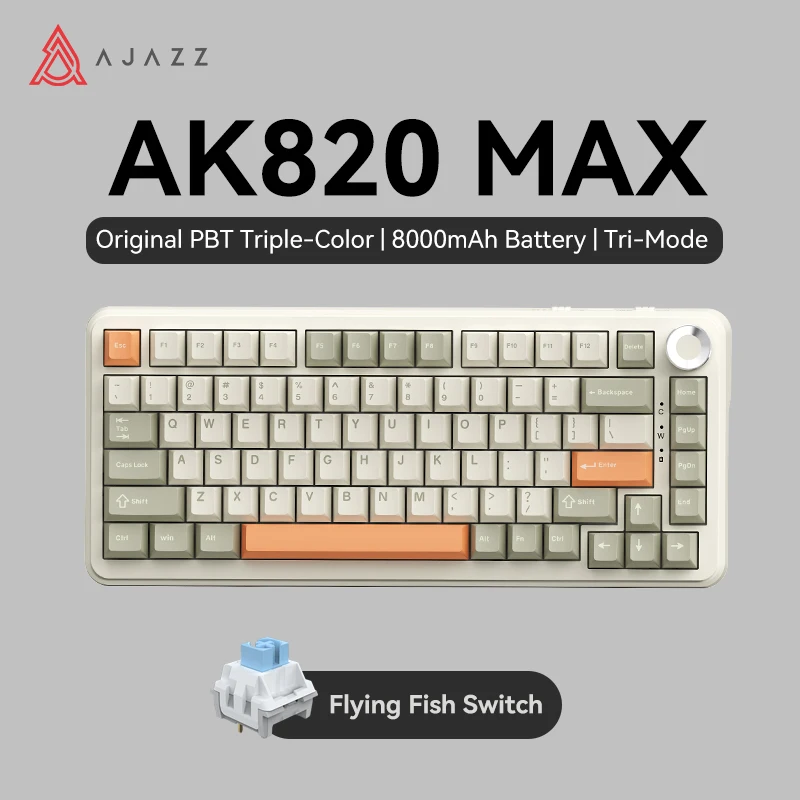 AJAZZ AK820 MAX PLUS Tri-mode Wireless Gaming Keyboard, BT5.1/2.4G/USB-C, Gasket & Full Hot-swap, RGB Music Rhythm, Flying Fish/Daydream/Maillard/Avocado Switches