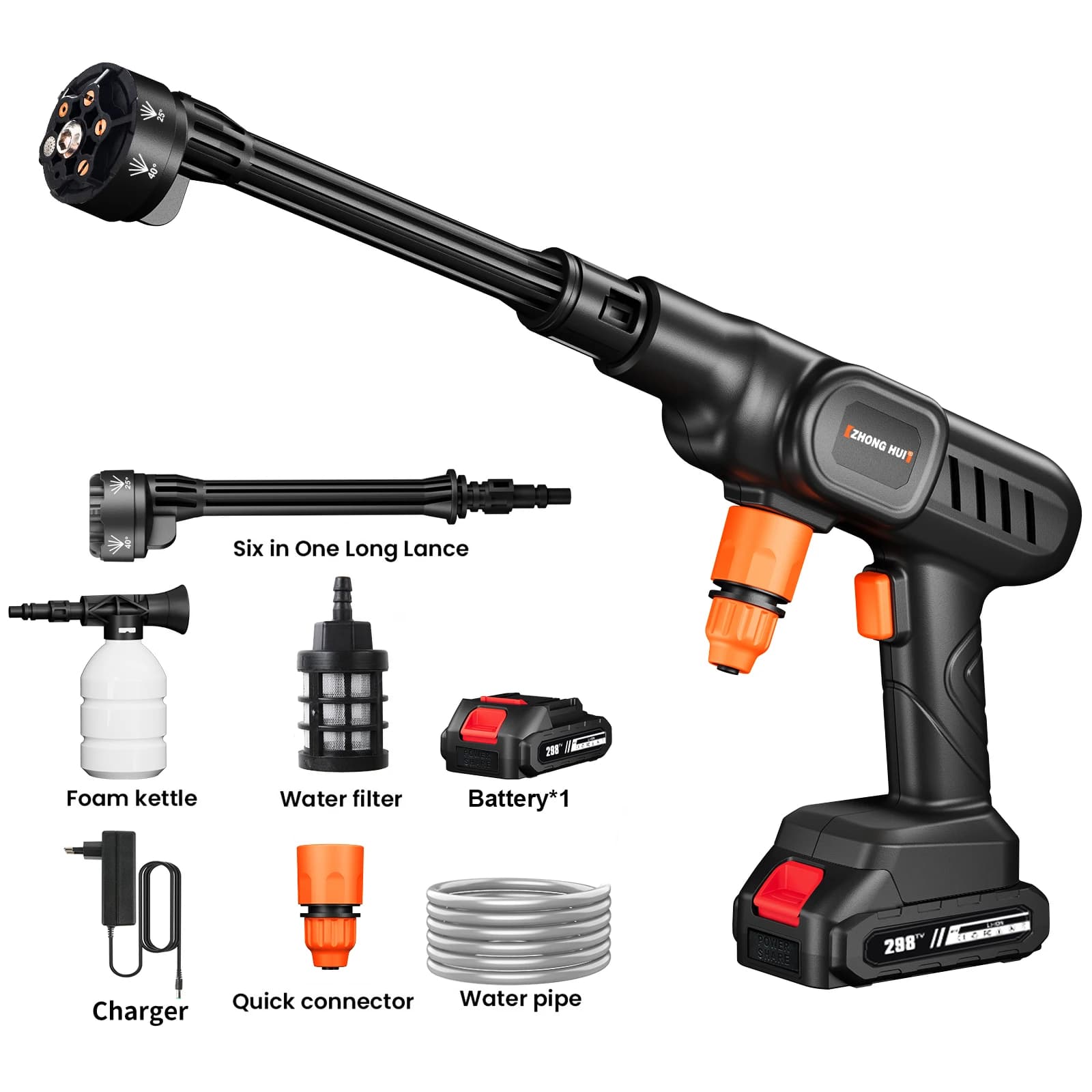 6 in 1 Cordless High Pressure Spray Water Gun Car Washer Foam Generator Home Garden Cleaner Washing Machine Gun for 21V Battery