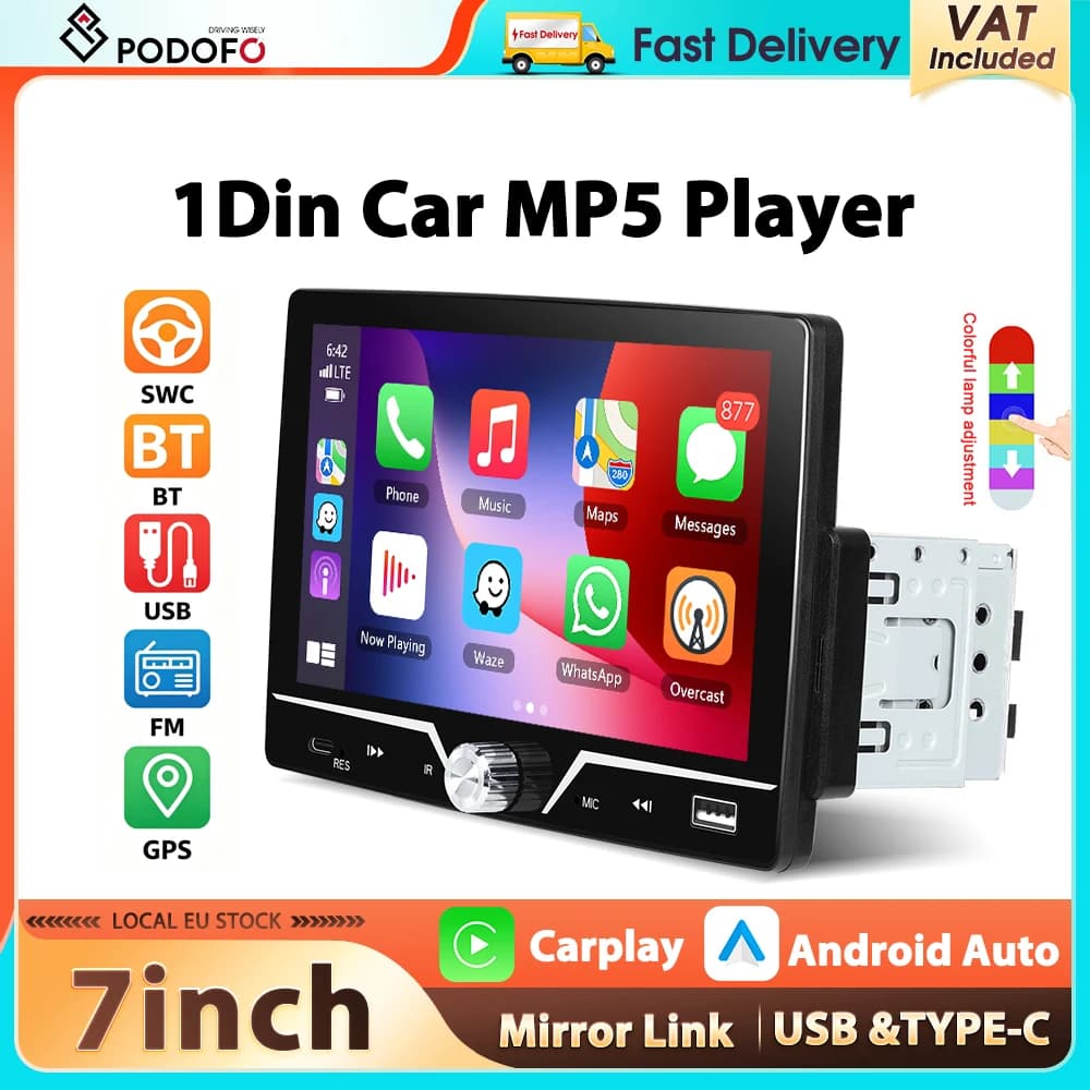 Podofo 1Din with Knob Car Radio 7'' MP5 Player Bluetooth FM Carplay Android Auto EQ SWC FM Mirror Link USB &TYPE-C Multimedia Player