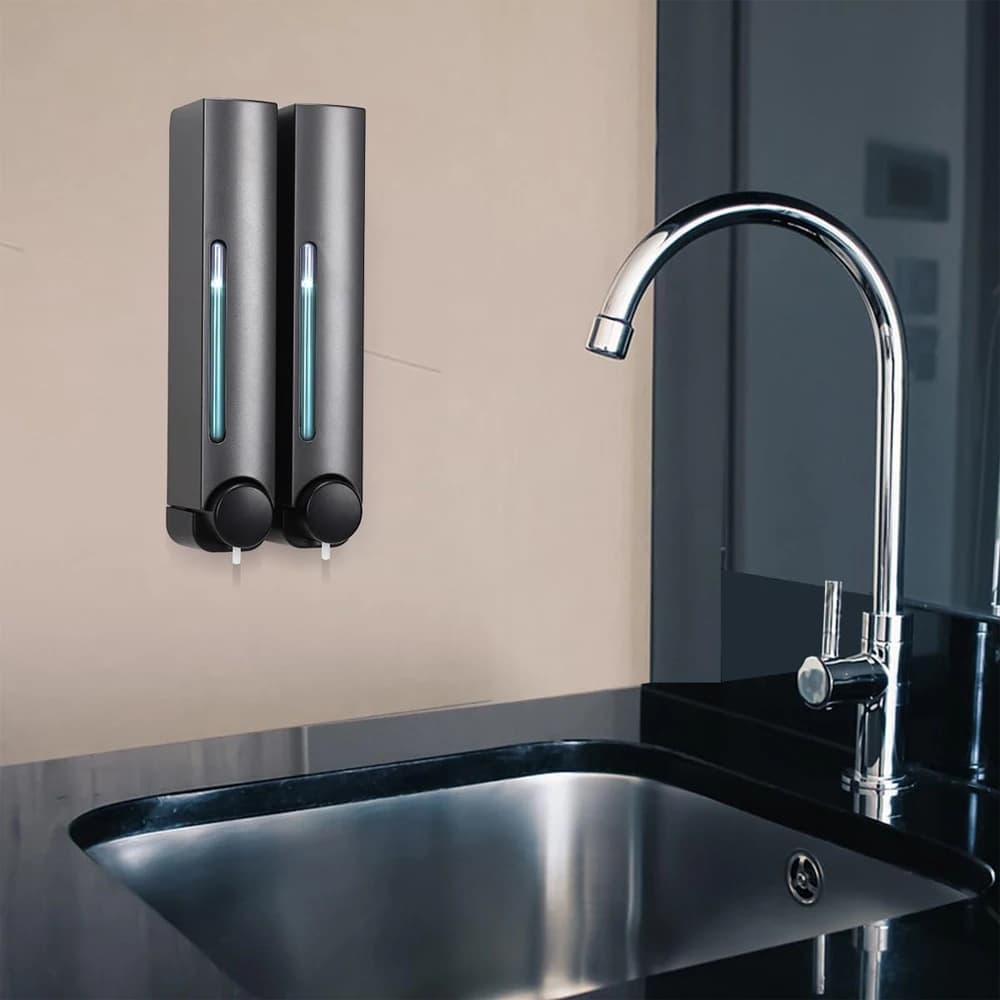 Wall-mounted soap dispenser-380 ml no-drill shower gel distributer, sink detergent dispenser, bathroom shower gel distributer for house or hotel (gray)