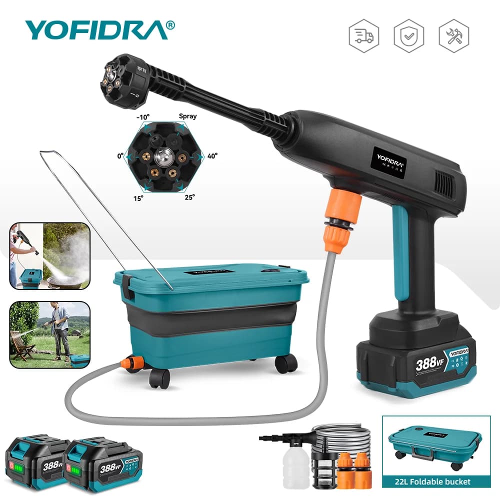 YOFIDRA 6IN1 High Pressure Electric Water Spray Gun Car Garden Washer Tool With 22L Foldable Water Bucket For Makita Battery Pin