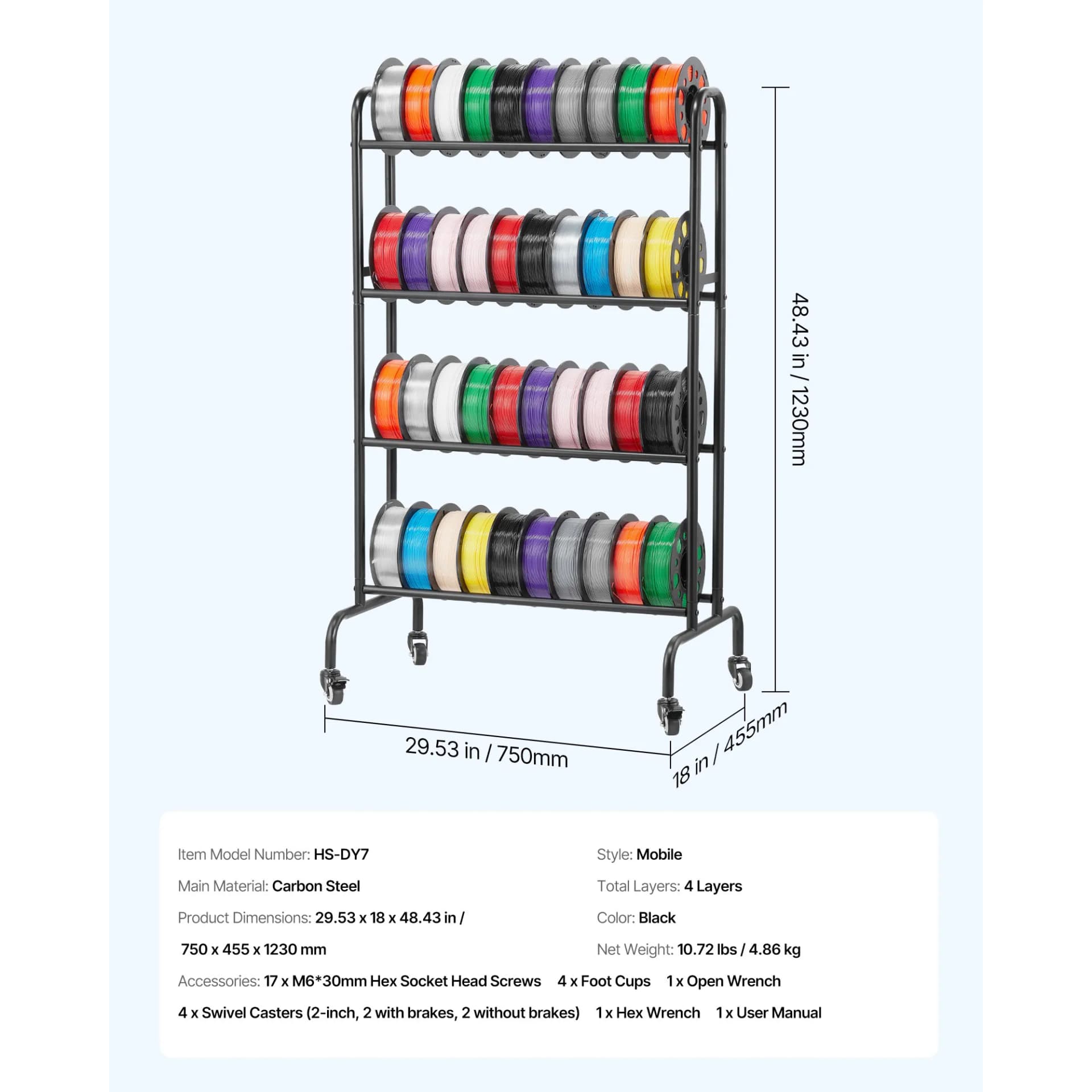 SucceBuy 4 Tier 3D Printer Filament Rolling Filament Spool Storage Rack with Wheels for Office Workshop 3D Printing Station