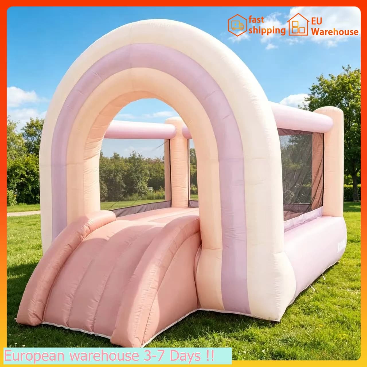 Pastel Rainbow Castle Inflatable Toy with Slide for Outdoor Play High-Quality PVC Fast Inflating Waterproof Bouncing Fun EU Stock