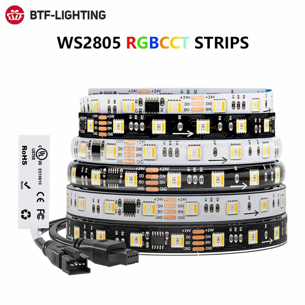 WS2805 SPI RGBCCT Pixel Led Strip 4Pin 60Leds/m IP30 IP65 IP67 Waterproof Addressable Smart Led Lights Strip Black White PCB 24V