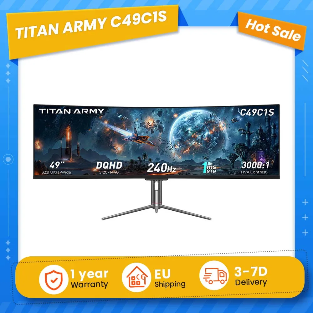 TITAN ARMY C49C1S Fast VA Gaming Monitor, 49-Inch 32:9 Curved, 1800R Curvature and Dual QHD (5120 × 1440) Resolution, 240Hz, 1ms MPRT, 1.07 Billion Colors (8-Bit + FRC), HDR400, Supports KVM Switching and PIP/PBP, Dual 5W Speakers