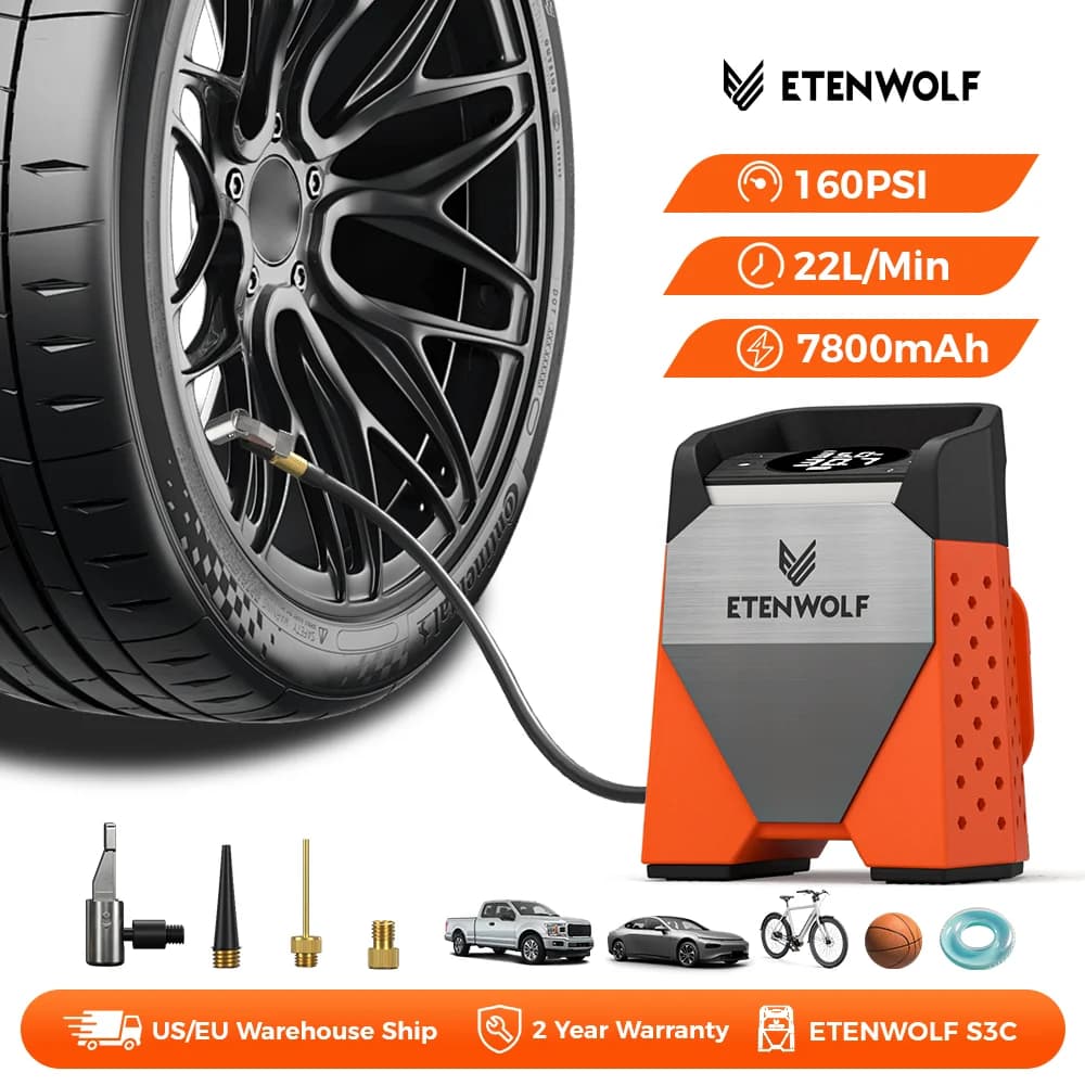 ETENWOLF S3C Cordless Air Compressor 7800mAh Car Tire Inflator 160 PSI 100% Duty Cycle for Cars, Motorcycles, Bicycles Balls