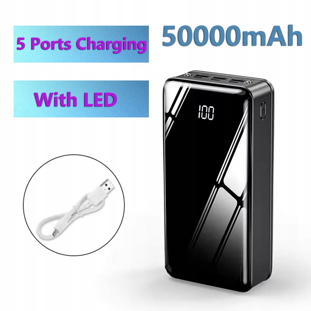 50000mAh Fast Charging Power Bank for iPhone Xiaomi Samsung Powerbank 5 Ports Charging Portable Charger with LED Flashligh