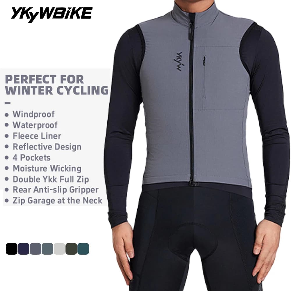 YKYW Cycling Vest Winter Waterproof Fleece Liner Rear Anti-slip Gripper Thermal Windproof Moisture Wicking 4 Pockets 7 Color