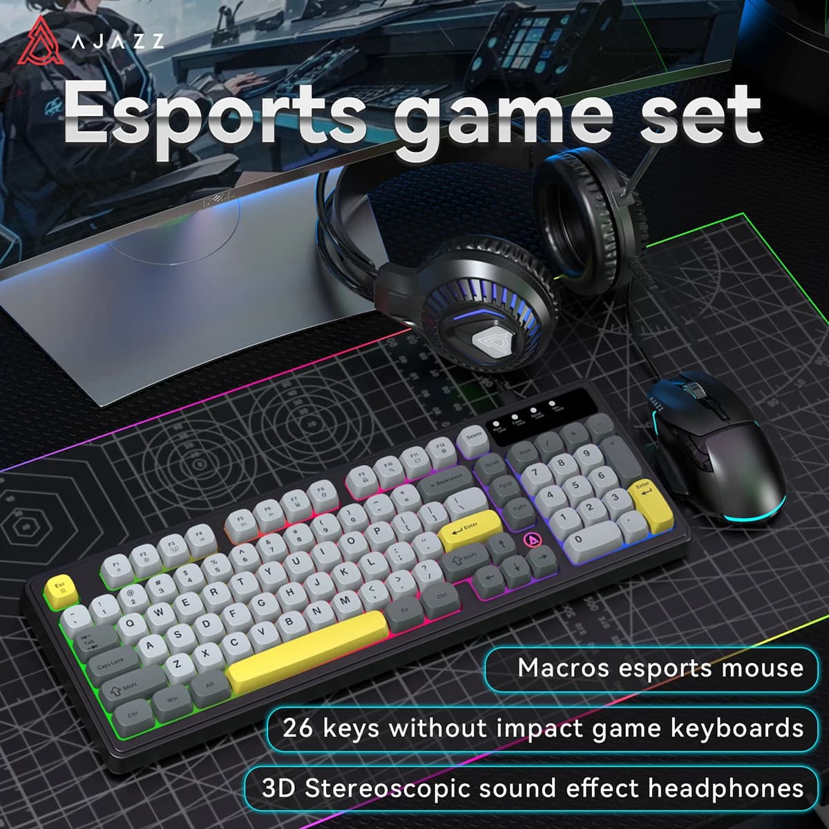 AJAZZ AT120 Keyboard Mouse Headset 3-in-1 Wired USB Gaming Peripherals Set, Full-Size Keyboard, Mouse, Stereo Headset for Deskto