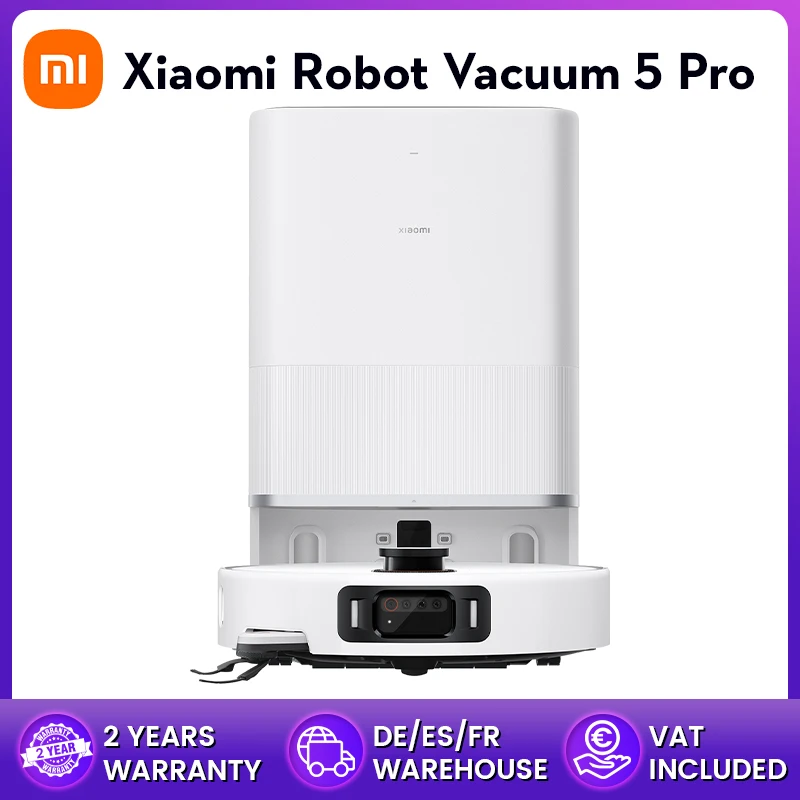 Global version Xiaomi Robot Vacuum 5 Pro HD Video One-way Calls 20000Pa Suction Hassle-free Anti-tangle Vacuum Cleaner Self-cleaning Base Station Extendable mopand Side Brush Smart Voice/APP control (