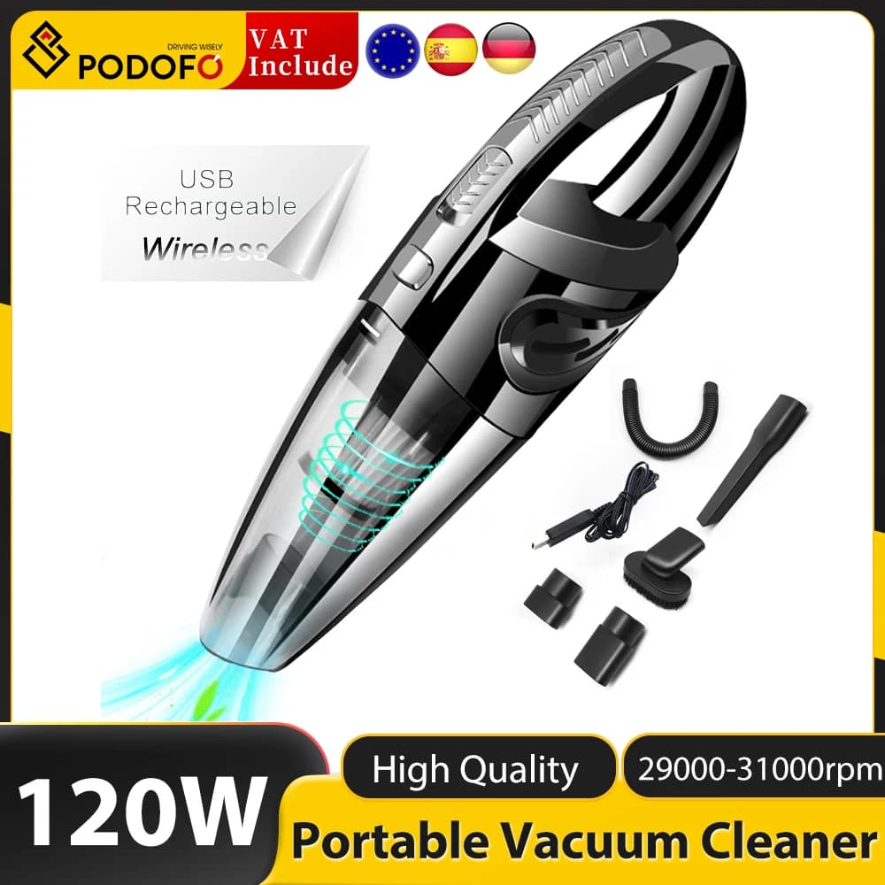 Podofo Vacuum Cordless Powerful Cyclone Suction Portable 120W Rechargeable Car Vacuum Cleaner Handheld Quick Charge