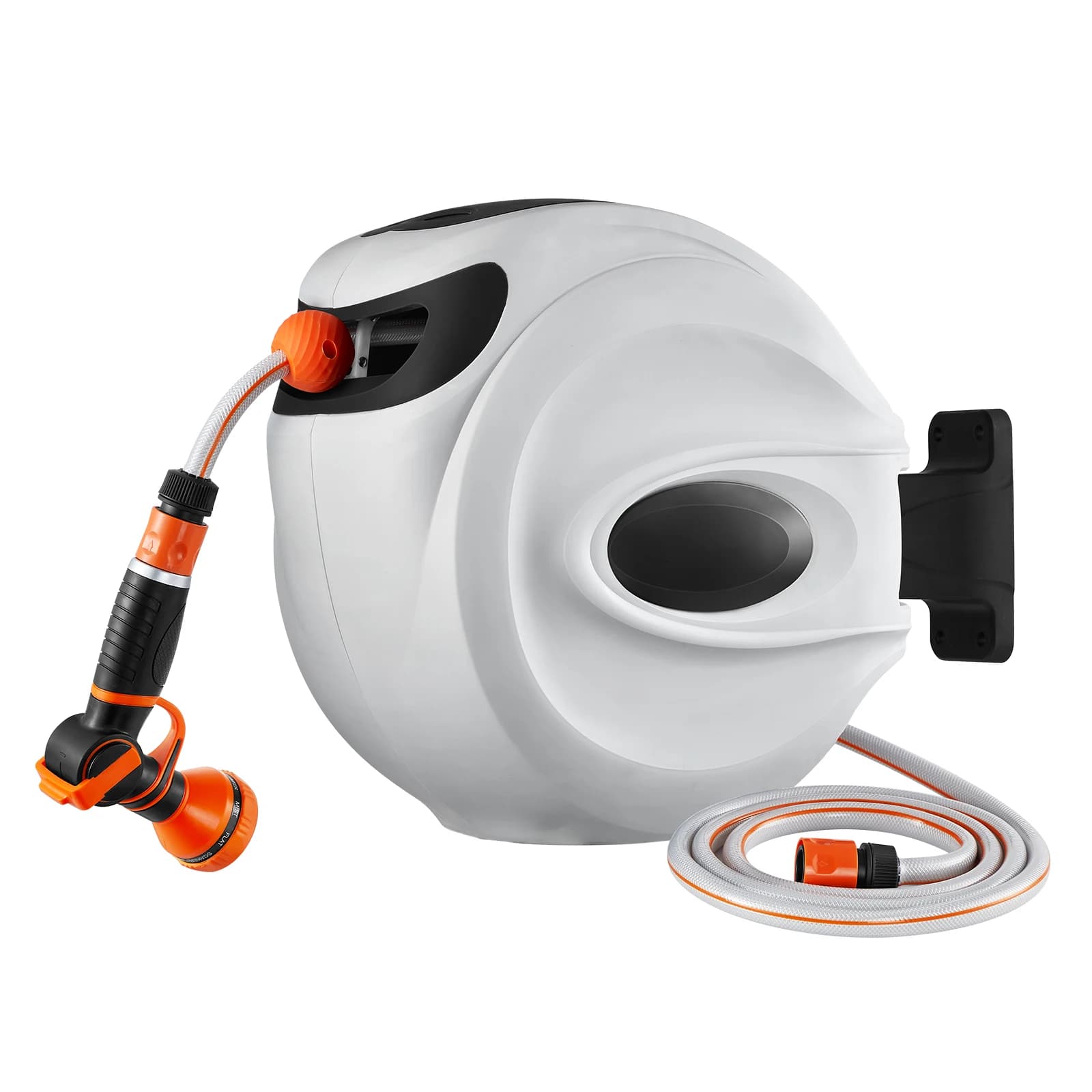 SucceBuy Retractable Garden Hose Reel Wall Mounted Hose Reel Heavy Duty Hose Reel with 9 Patterns Nozzle and 180°Swivel Bracket