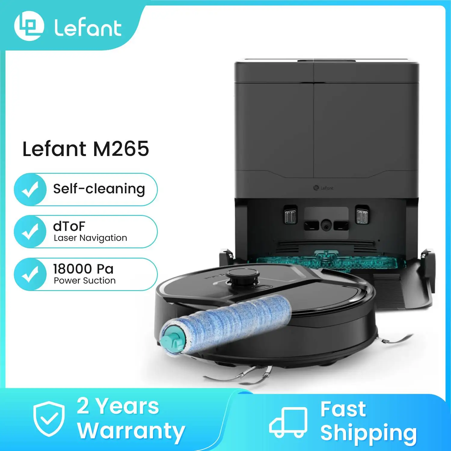Lefant M265 Robot Vacuum Cleaner with Mapping, 20000Pa, Self-Cleaning Roller, Clean Water Wash, Laser dToF, Avoid PSD, Anti-Tangle, Compact, WiFi 2.4G/5G/Alexa/APP