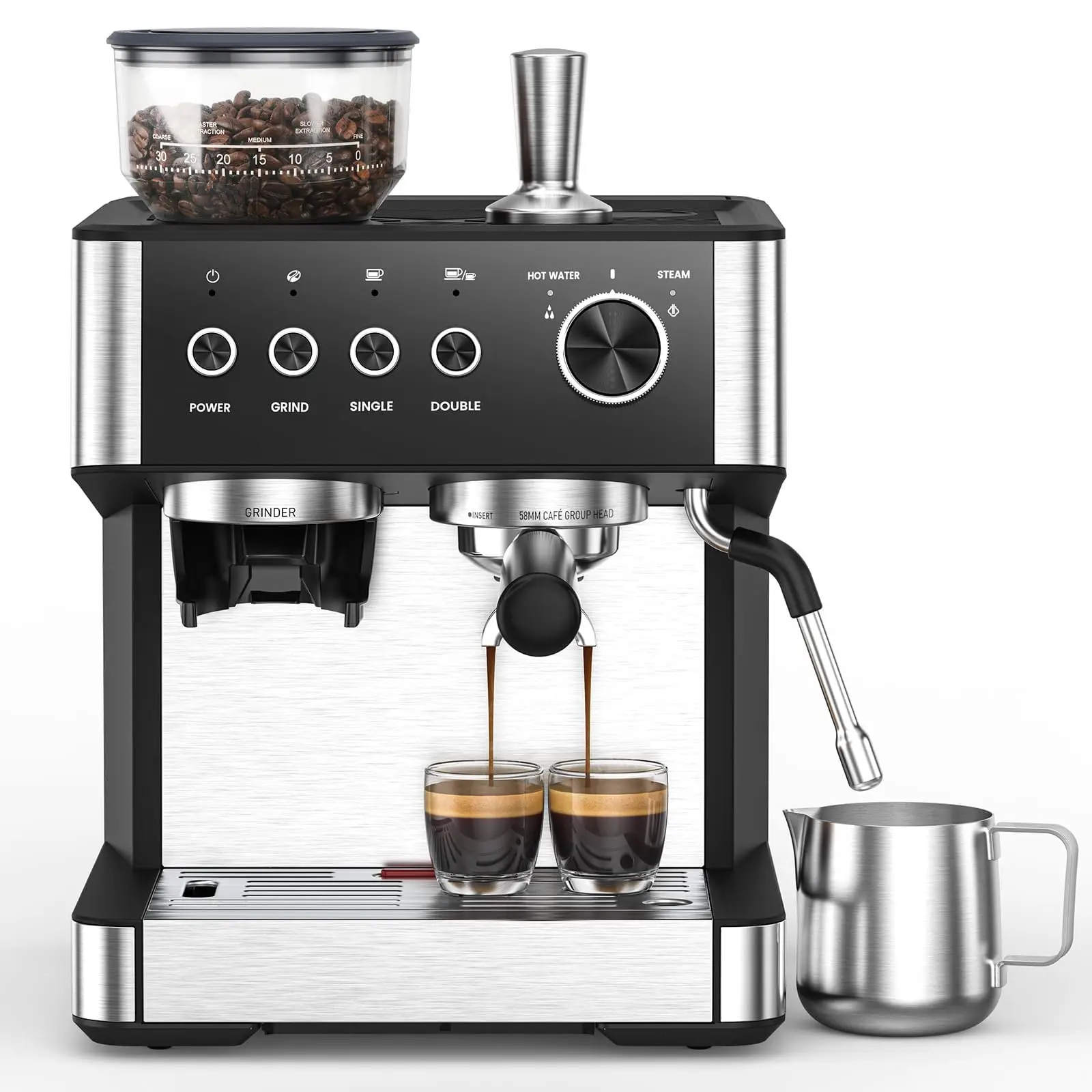 Professional 15 Bar Espresso Machine Built-in Grinder 58mm Portafilter 360° Steam Wand 2.3L Water Tank for Cappuccino Latte Home Office Easy Clean