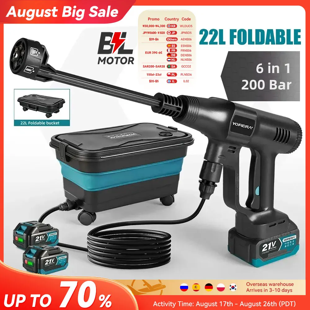 YOFIDRA 200Bar Brushless High Pressure Car Washer Gun With Bucket  Electric Garden Washing Spray Gun For Makita 21V Battery Pin