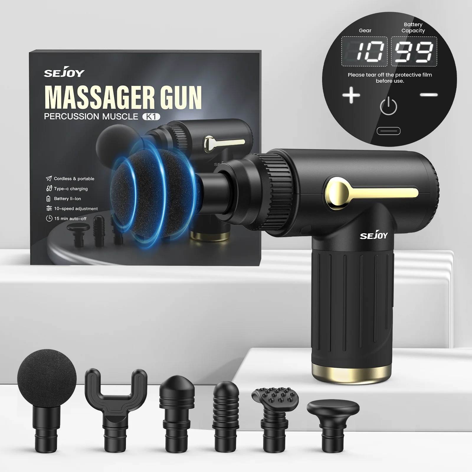 Massage Gun Electric Neck Massager Deep Portable Fascia Gun Vibration Massager or Pain Relief,Muscle Percussion Massage 10 Speed,6 Heads