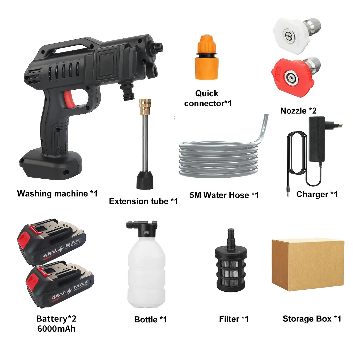 48V 1500W Cordless High Pressure Washer Gun Portable Self-Priming Electric Water Spray Gun with 2 Nozzles Foam Bottle 5M Hose Rechargeable Battery for Vehicle Patio Cleaning