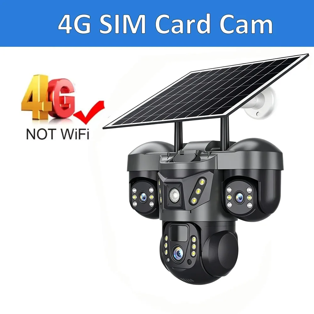 V380 Three Lens Three Screens 15MP 4G Solar Camera Outdoor WiFi 10x Digital Zoom Waterproof Auto Tracking Security CCTV Camera