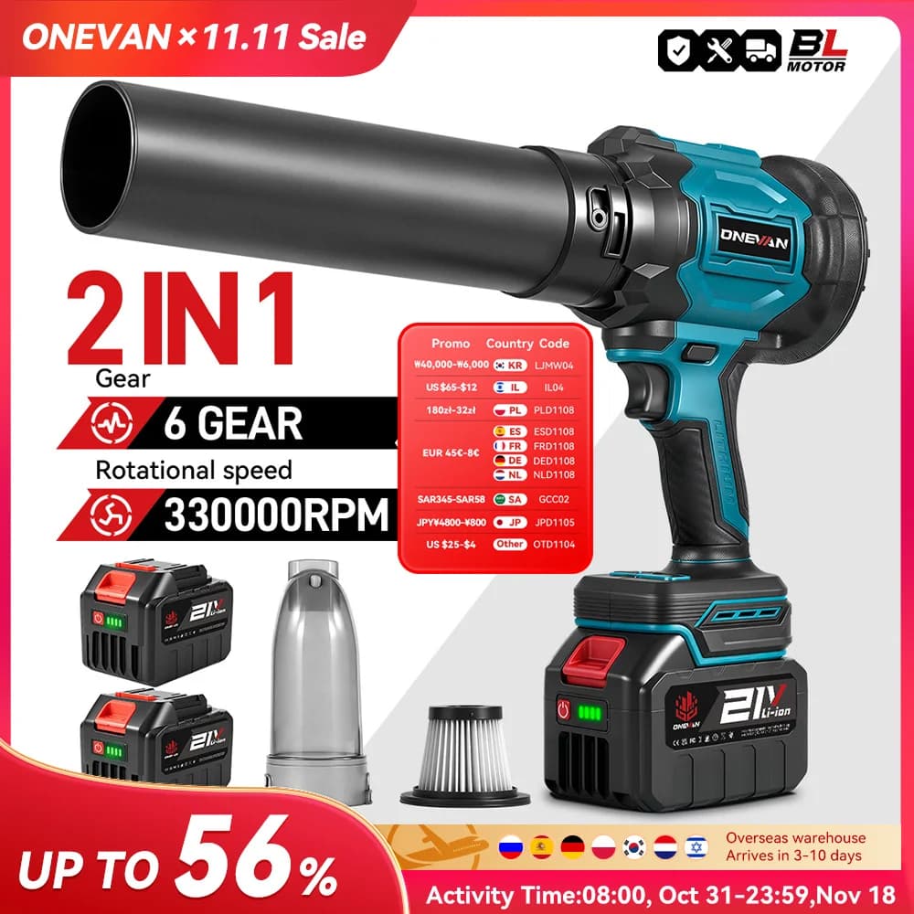 ONEVAN 3500W Brushless Electric Turbo Blower Jet Fan 2in1 Vacuuming 350M/S Leaf Dust Blowing Tool For Makita 18V Battery Pin