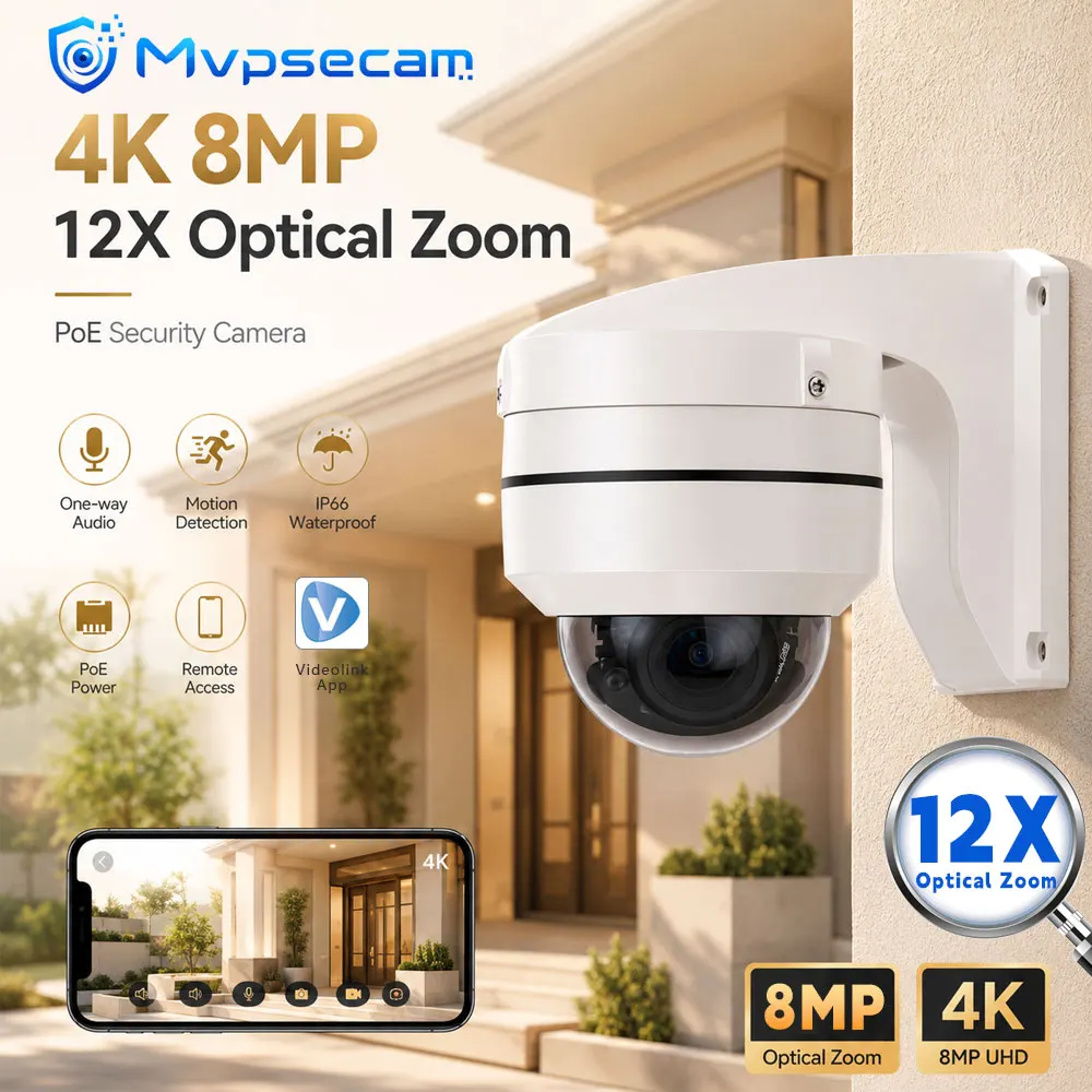 4K 8MP PoE PTZ Dome Camera 12X Optical Zoom Outdoor IP66 Waterproof Security Surveillance Camera Motion Detection One Way Audio Remote Viewing Night Vision ONVIF H265 Network CCTV for Home Villa Yard Garage Warehouse Shop Entrance Parking Area Monitoring