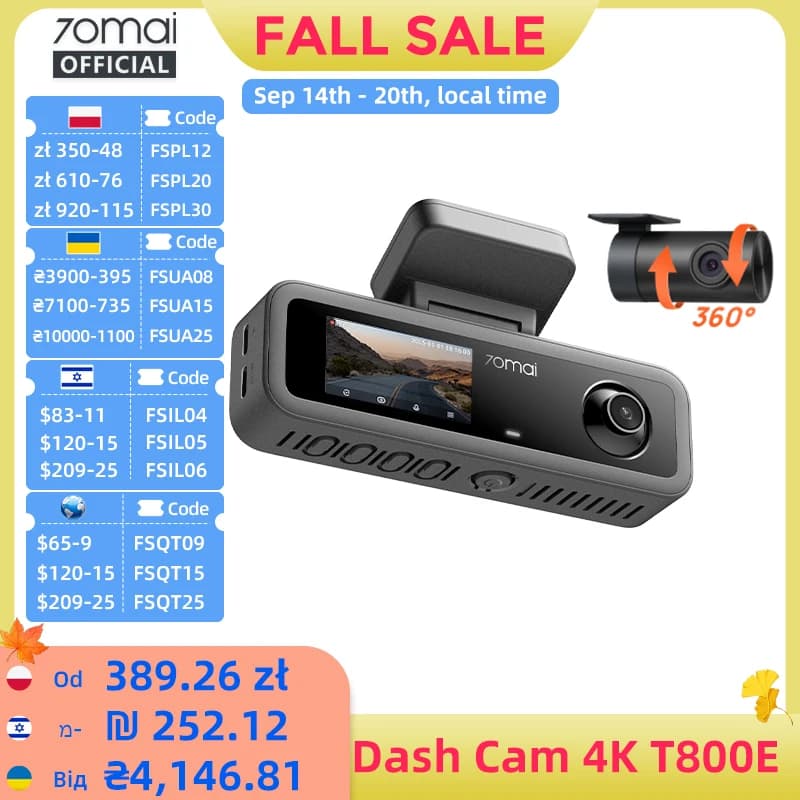 70mai T800E 3-Channel Front 4K + Rear 1080P + Interior 1080P HDR Supercapacitor 24H Parking GPS WiFi 6 70mai T800E Voice Control