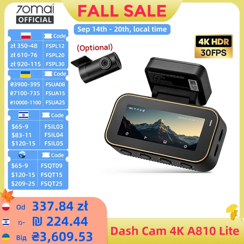 【Local Warehouse】70mai Dash Cam 4K A810 Lite HDR Supercapacitor 4G Compatible Voice Control Wi-Fi 6 GPS Car DVR 70mai A810 Lite
