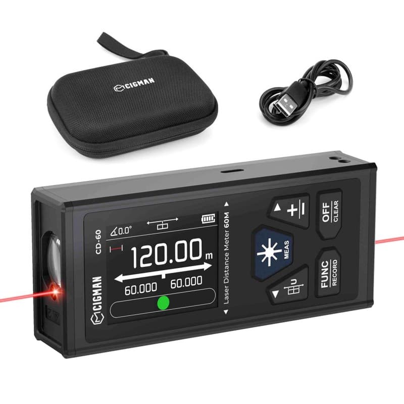 CIGMAN CD-60 Bilateral Laser Distance Meter - 393ft/120m Measurement, Multiple Units (M/in/ft), Rechargeable Battery