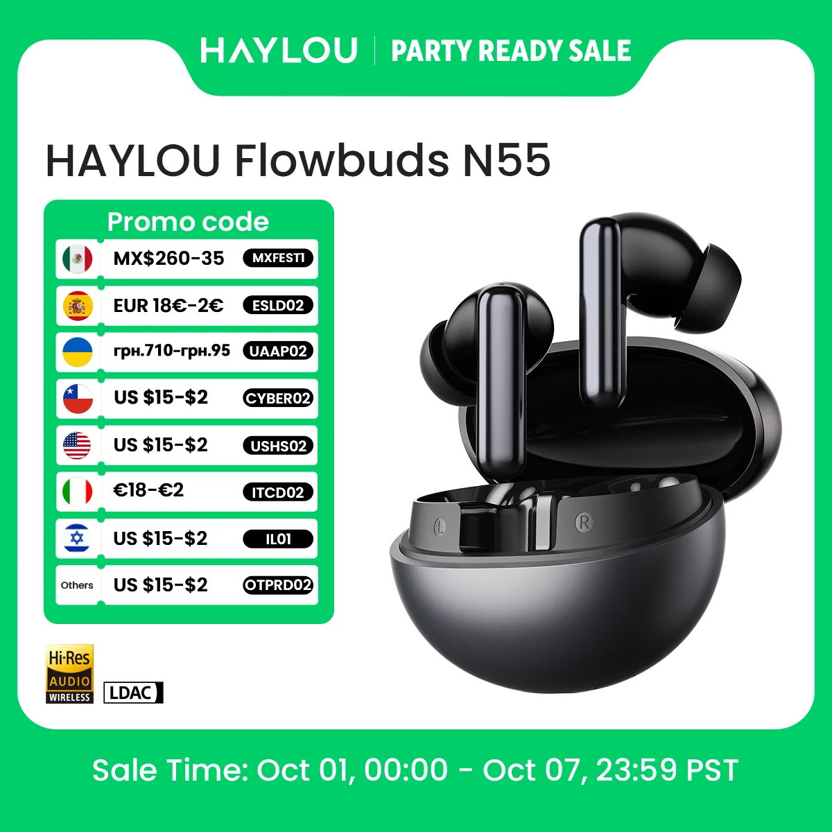 HAYLOU Flowbuds N55 Wireless Earbuds 54dB Adaptive ANC Bluetooth 6.0 LDAC Hi-Res Audio 6-Mic HD Call Earphones 40H Playback IPX5